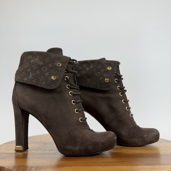 Womens Louis Vuitton Empreinte Fold Over Lace Up Heeled Ankle Boots Size EU 38 - Picture 1 of 9